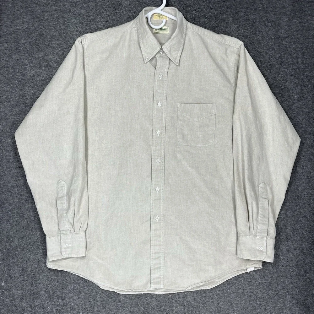 Vintage LL Bean Oxford Shirt Mens 17-36 Beige Solid Long Sleeve Made in USA - Picture 1 of 12